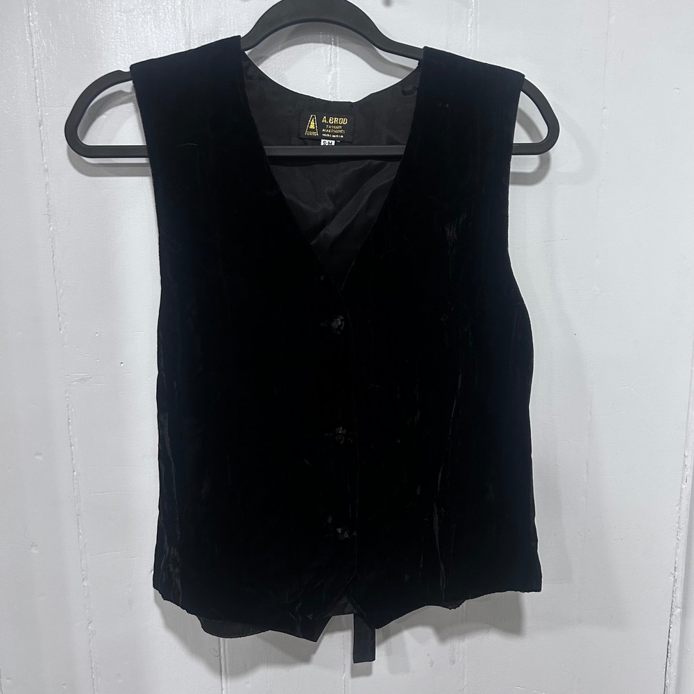 Vintage A. Brod Black Velvet Vest Button Front Adjustable Tie Back Made in USA